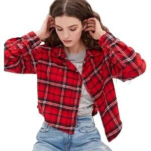 American Eagle Crop Flannel Button Down Red Plaid Top Size L